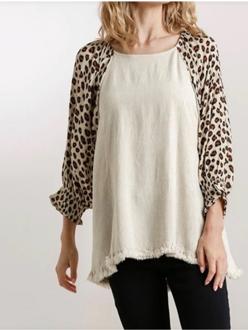 Umgee Cream Tunic with Leopard Raglan Sleeves